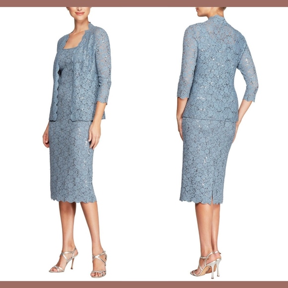 NWT 2PC Alex Evenings‎ Sequined Lace Sheath Dress + Jacket in Blue [SZ 14 ] - Picture 1 of 4